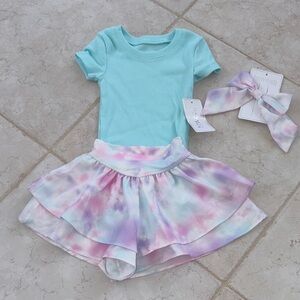 Aqua Top and Pastel Tie-Dye Skirt and Bow 3 piece Set